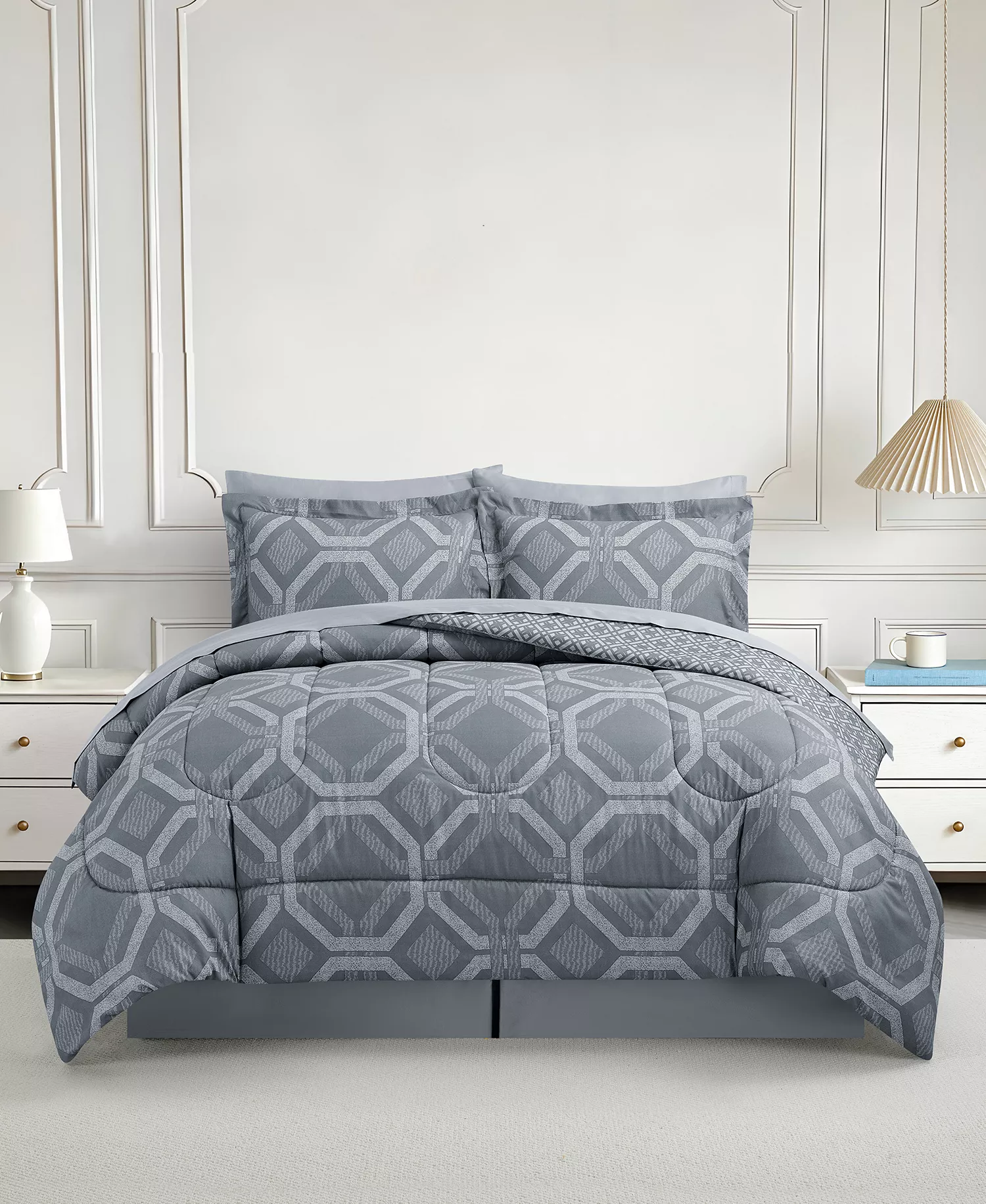 7 pieces comforter set, including comforter, flat sheet, fitted sheet, pillowcase and pillow shams