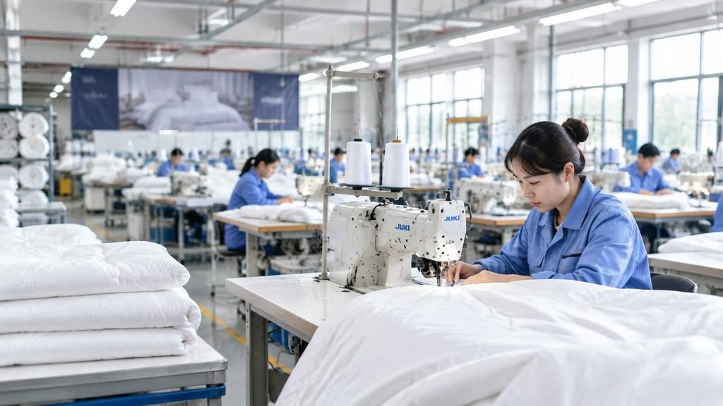 sewing workers working in our bedding manufacturer zhejiang china